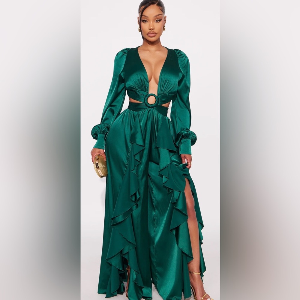 Fashion Nova Emerald Satin Cutout Ruffle Jumpsuit